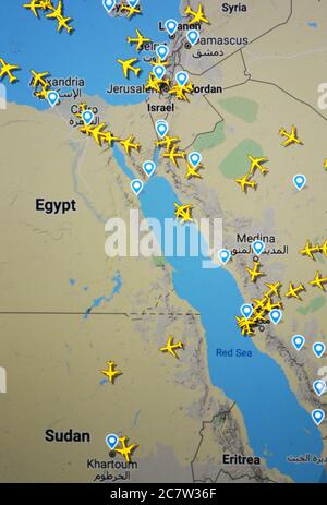 Flugverkehr über Ägypten, Israel, Jordanien, Libanon Syrien, Zypern, Sudan, Eritrea Saudia-Arabien (19. juli 2020, UTC 16.24) im Internet mit Flightradar 24 Stockfoto