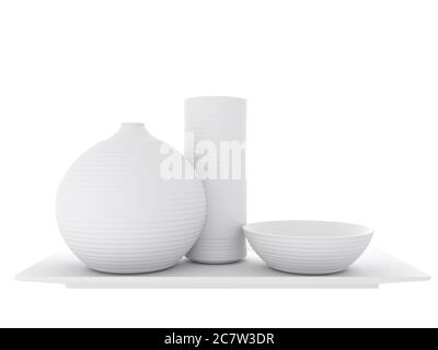 japanisch traditionell mit Sake Tasse und Flasche auf weißem Hintergrund.3D-Rendering Stockfoto