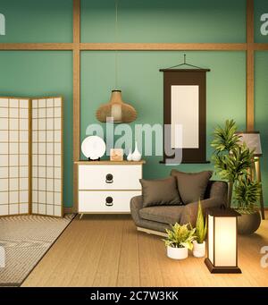 Japanische Trennpapier Holzdesign auf Minze Zimmer Tatami Boden.3D-Rendering Stockfoto