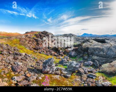 Gefrorenes Lavafeld im geothermischen Tal Leirhnjukur, in der Nähe des Vulkans Krafla. Lage: Leirhnjukur Tal, Myvatn Region, Nordteil Islands, Euro Stockfoto