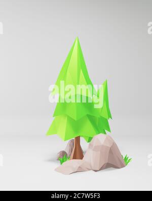 Baum low Poly Stil auf weißem Hintergrund. 3D-Rendering Stockfoto