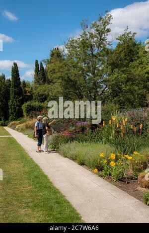 Hampshire, England, Großbritannien. 2020. Besucher, die Pflanzen und Sträucher mit gemischten Bettwaren in den Hilliers Gardens in der Nähe von Winchester, Großbritannien, sehen. Stockfoto