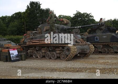 Sherman M4A2E8 Tank, erschien 2014 in dem Film ‘Fury’, Tank Museum, Bovington, Dorset, Großbritannien. Stockfoto