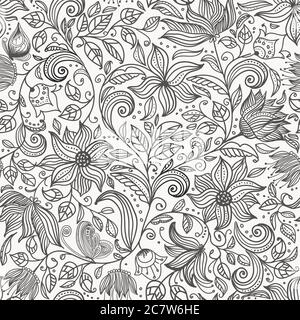 Nahtlose floralen Hintergrund in Doodle-Stil mit Blumen. Blätter und Vögel. Malbuch Seite. Vektor handgezeichnetes Muster in schwarz und weiß. Stock Vektor