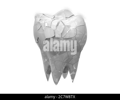 Gebrochene glänzende Backenzähne Zahn isoliert auf weißem Hintergrund. 3d-Illustration Stockfoto
