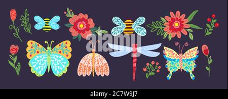 Niedliche Insekten, fliegende Schmetterlinge. Libelle, Hummel, Biene Stock Vektor