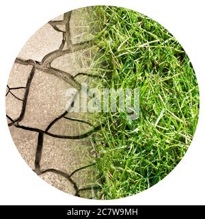 Gerissener Boden und grüne Wiese - Konzept des Klimawandels - Konzept der runden Ikone - Fotografie im Kreis Stockfoto