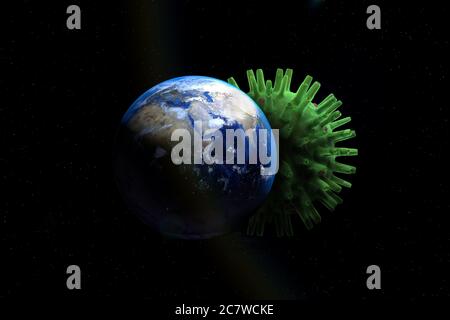 Planet Erde und Virus. Große Gefahr für die Welt covid-19 Angriff 3d Rendering Foto Manipulation, Corona Virus Illustration. Stockfoto