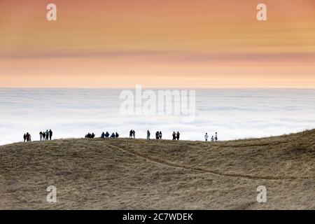 Über den Wolken am Mt Tamalpais, Blick auf Bolinas Bay und den Pazifik bedeckt mit Nebel. Stockfoto