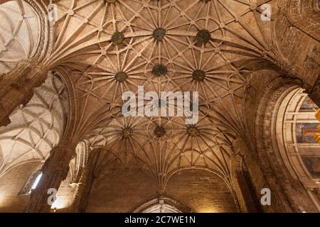 Gewölbte Bogendecke der Santa Maria Kirche im Kloster Jeronimos, Lissabon, Portugal. Stockfoto