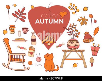 Gemütlicher Herbst. Satz von farbigen Vektor-Herbstzeichnungen. Süße Ingwer Katze, bunte Blätter, Pilze, Süßigkeiten, Schokolade und Gerichte. Elemente des Herbstes Stock Vektor