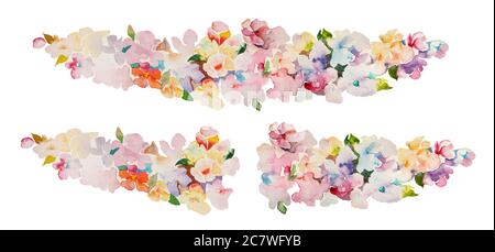 Set von Blumen Girlanden Elemente in Aquarell auf weißem Papier gemalt. Skizze von Blumen in rosa, blau und orange Farben Stockfoto