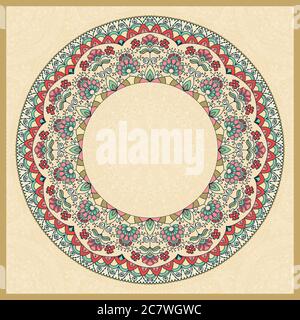 Hochzeitseinladung oder Grußkarte mit bunten Blumenmudala Platz für Ihren Text. Vintage-Deko-Elemente. Vektorgrafik. Stock Vektor
