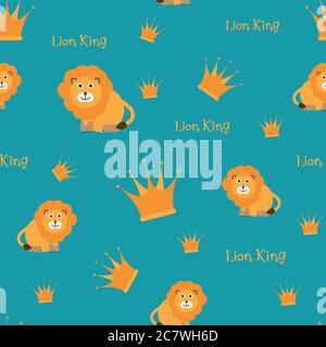Lion King. Cute Children theme. Seamless background pattern. Vector illustration. Stock Vektor
