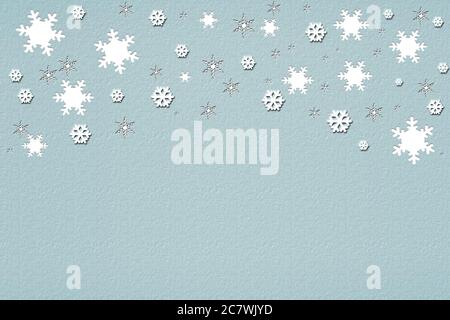 Stylisches Schneeflocken-Design für den Winter. Abstrakt Papier Handwerk Schneeflocken Pastell Hintergrund. Grußkarte zur Weihnachtszeit. Banner, Kopierbereich... 3D-Illustration. Stockfoto