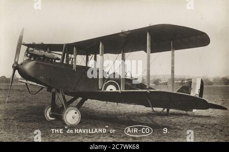 Der De Havilland / AIRCO DH.9 Zweisitzer Traktor Doppeldecker entworfen und gebaut von der Aircraft Manufacturing Co. Ltd., Hendon, London, N.W.9. – Motor 250 PS Siddeley „Puma“. Geschwindigkeit bei 110 m, 10 km/h. Klettern Sie bis zu 15 m, 10 Minuten. Endurance 370 Meilen. Dies ist die Maschine, die ausgiebig für Tag und Nacht Bombenangriffe auf die Rheinstädte verwendet wurde. Stockfoto