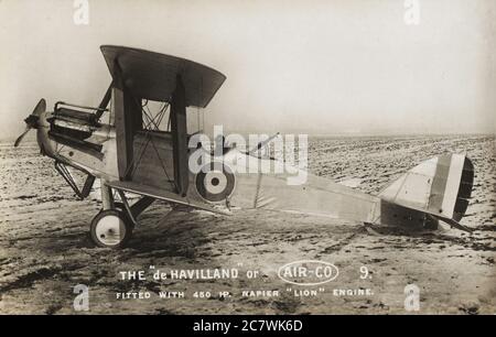 Der De Havilland / AIRCO DH.9 ‘Lion’ Zweisitzer-Traktor Doppeldecker entworfen und gebaut von der Aircraft Manufacturing Co. Ltd., Hendon, London, N.W.9. – Motor 450 PS Napier 'Lion'. Geschwindigkeit bei 140 m, 10 km/h. Klettern Sie bis zu 644 m, 10 Minuten. Diese Maschine hielt den Weltrekord für Höhe erreicht, nämlich 30,500 Fuß in 56 Minuten. Stockfoto