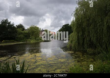 Ein See im Park Voldelpark, Natur im Zentrum von Amsterdam an einem bewölkten Tag, die Niederlande. Stockfoto