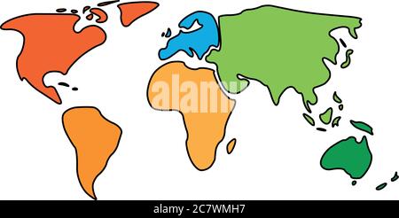Mehrfarbige Weltkarte, die auf sechs Kontinente in verschiedenen Farben aufgeteilt ist - Nordamerika, Südamerika, Afrika, Europa, Asien und Australien. Vereinfachte Vektorkarte für glatte Silhouette. Stock Vektor