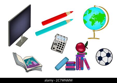 Satz von Schulbedarf isoliert auf weißem Hintergrund. Zurück zur Schule. Schreibwaren und Schulbedarf Symbole. Farbenfrohe Büroaccessoires. Stock-Vektor Stock Vektor
