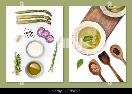 Zutaten für Spargelsuppe auf weißem Hintergrund. Overhead-Aufnahme. Knolling-Konzept. Stockfoto