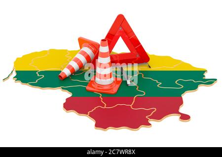 Litauische Karte mit Verkehrskegel und Warndreieck, 3D-Darstellung isoliert auf weißem Hintergrund Stockfoto