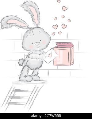 Niedlicher Hase schickt einen Brief. Postkarte mit einem Kaninchen. Stock Vektor