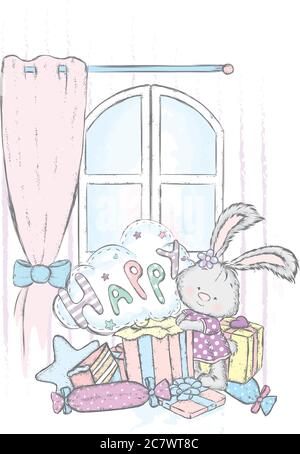 Ein schöner Hase im Kleid öffnet eine Schachtel mit einem Geschenk. Vektor-Illustration für eine Postkarte oder ein Poster, Druck für Kleidung. Ein schöner Hase. Geburtstag, holi Stock Vektor