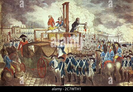 "Hinrichtung Ludwigs XVI." – von Georg Heinrich Sieveking. Die Hinrichtung Ludwigs XVI. Durch die Guillotine, ein wichtiges Ereignis der Französischen Revolution, fand am 21. Januar 1793 auf dem Place de la Révolution statt Stockfoto