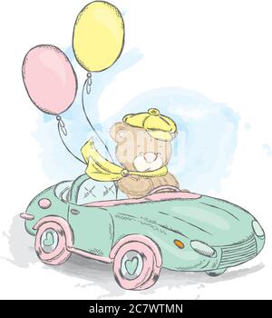 Niedlicher Teddybär in einem Cabrio. Vektor-Illustration für eine Karte oder ein Poster, drucken auf Kleidung. Charmanter Teddybär im Auto. Vintage. Stock Vektor