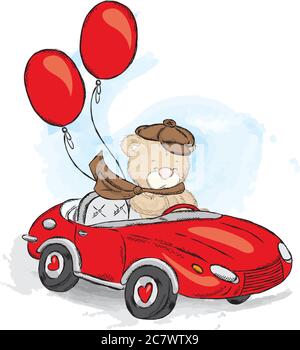 Niedlicher Teddybär in einem Cabrio. Vektor-Illustration für eine Karte oder ein Poster, drucken auf Kleidung. Charmanter Teddybär im Auto. Vintage. Stock Vektor