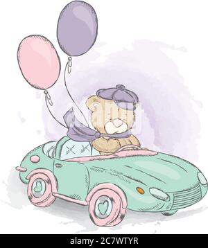 Niedlicher Teddybär in einem Cabrio. Vektor-Illustration für eine Karte oder ein Poster, drucken auf Kleidung. Charmanter Teddybär im Auto. Vintage. Stock Vektor