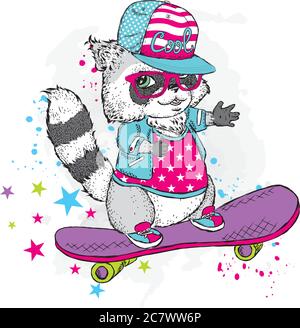 Niedlicher Waschbär auf einem Skateboard. Vektorgrafik. Waschbär beim Sport. Extremsport. Figur für eine Karte oder ein Poster. Drucken auf der Kleidung. Stock Vektor