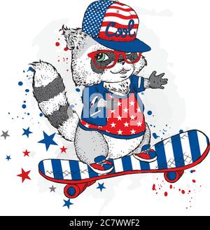 Niedlicher Waschbär auf einem Skateboard. Vektorgrafik. Waschbär beim Sport. Extremsport. Figur für eine Karte oder ein Poster. Drucken auf der Kleidung. Stock Vektor