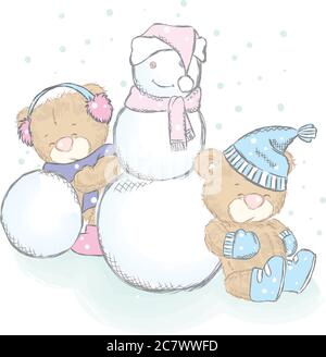 Vektorgrafik mit Jungen und einem Schneemann. Zeichnung für Karten, Poster oder Drucke auf Kleidung. Niedliche Teddybären. Stock Vektor