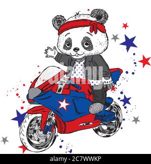 Netter Panda auf einem Motorrad. Panda - Biker. Lustiger Bär. Vektorgrafik für eine Karte oder ein Poster. Drucken auf der Kleidung. Stock Vektor