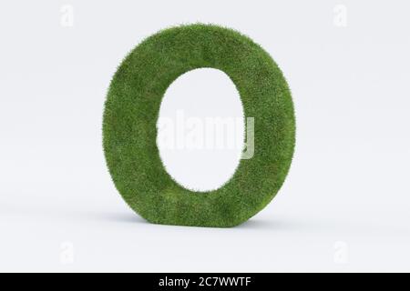 3d-Rendering von Grüngras Buchstabe O isoliert auf weiß Hintergrund - Konzept der frühen Bildung Stockfoto