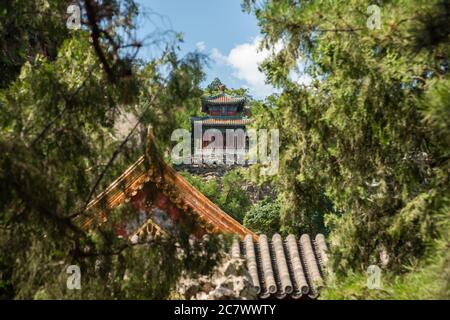 Historische chinesische oder asiatische Tempel durch grüne Wälder Stockfoto