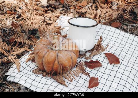 Nahaufnahme von Kaffeetasse, emaillierter Becher mit orangefarbenem Kürbis auf weiß karierter Decke an sonnigen Tagen. Defokussed Herbst Wald Hintergrund mit trockenen Farnblättern Stockfoto