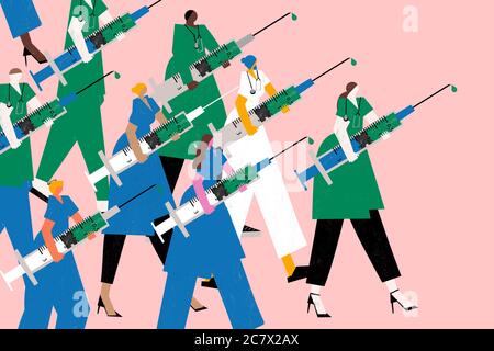 Verschiedene Menge von Krankenschwestern und Ärzten nach vorne tragen Spritze von Coronavirus COVID-19 Impfstoffe. Kampf gegen Pandemieausbrüche. Stockfoto