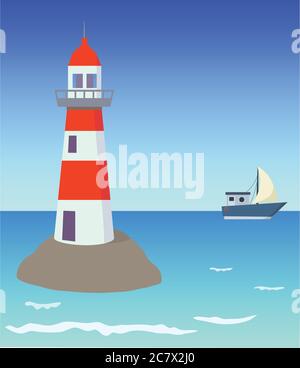 Meeresvektor Hintergrund mit blauem Himmel, Wellen und Leuchtturm. Stock Vektor