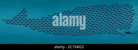 Kleine Fische kommen zusammen, vereinen sich, um ein Wal in dieser Illustration über Menschen, die Kräfte zu vereinen, um ein Ziel zu erreichen. Stockfoto