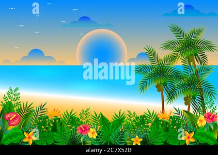 Sonnenuntergang Zeit auf dem tropischen Strand Vektor-Illustration Stock Vektor