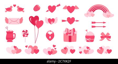 Valentinstag Design Elemente Set. Flacher Cartoon-Stil. Niedliche Brief, Geschenk-Bouquet und Boxen. Süßigkeiten, Regenbogengetränk, Bälle Dekorationen für den Urlaub. Rosa Objekte Kollektion. Isolierte Vektordarstellung Stock Vektor