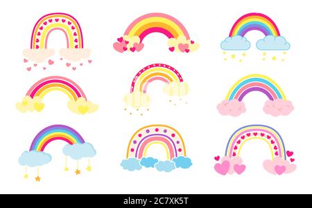 Regenbogen Set flach Cartoon-Stil. Regenbogen mit Wolken abstrakte Hand gezeichnet farbige Sammlung. Niedliche helle Natur Wetter Elemente für Kinder. Für Print, Karte, Stoff oder Buch. Isolierte Vektordarstellung Stock Vektor