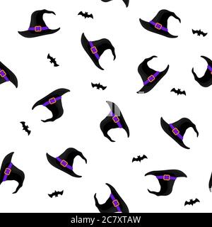 Halloween Nahtloses Muster mit Mütze und Fledermaus. Schwarzer Hexen- und Zauberer-Hut mit Gürtel. Vektorgrafik in flacher Form. Stock Vektor