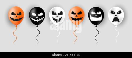 Halloween Ballons. Beängstigende Luftballons in Orange, Schwarz und Weiß. Gruseliges Gesicht auf Ballon zum Verkauf Banner oder Poster. Urlaub Cartoon-Figur. Vektor Stock Vektor