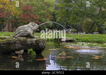 Statue eines Frosches, der Wasser aus seinem Mund spuckt Der kleine Teich Stockfoto