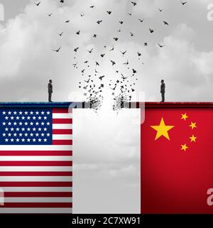 China US-Konflikt und USA oder USA Handel und amerikanische Zölle Konflikt mit zwei gegensätzlichen Handelspartnern als ein wirtschaftlicher Import und Exporte. Stockfoto