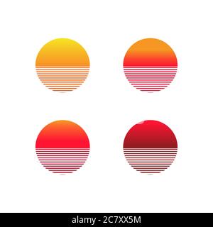 Symbol für Sonnenuntergangssymbol eingestellt. Illustration der Sonne im Retro-Stil der 80er und 90er Jahre. Vektor auf isoliertem weißem Hintergrund. EPS 10. Stock Vektor